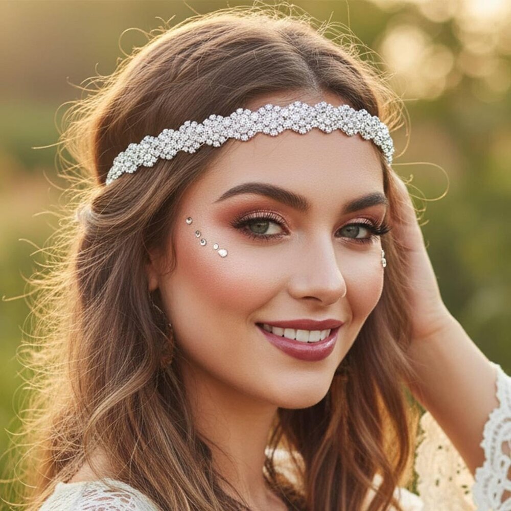 Silver Elastic Rhinestone headbands Boho Sparkly Crystal Headpieces Summer Beach